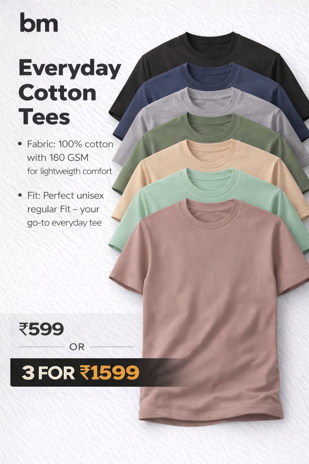 Plain Unisex Classic Crew T-Shirt - Buy 3 For 1599